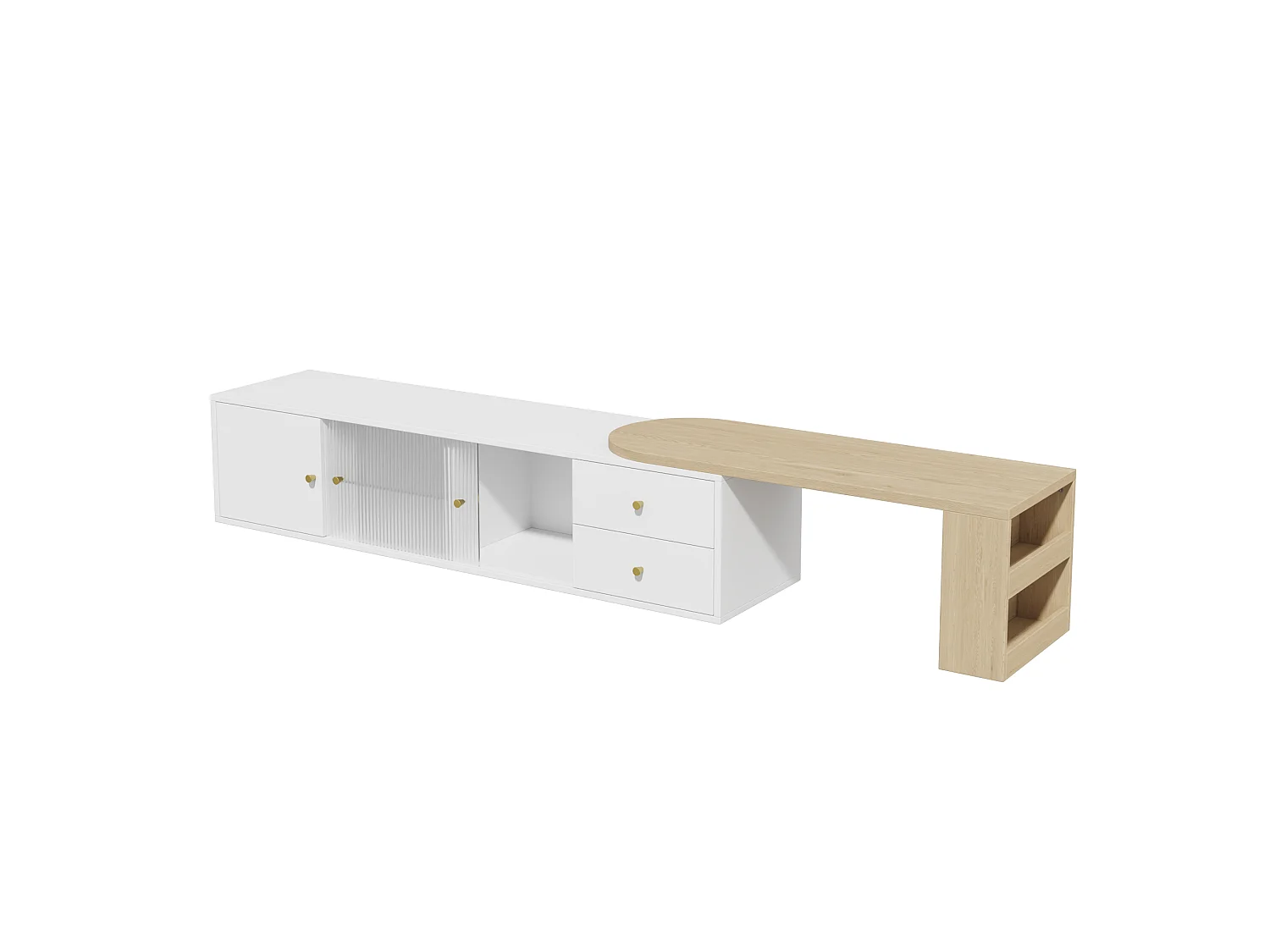 Ausziehbarer TV-Schrank 175x40x38 cm - mit LED-Beleuchtung - 2 Schubladen + 2 Schiebetüren aus Glas - Seitenregal - Weiß + Natur