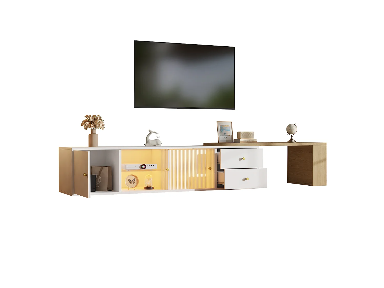Ausziehbarer TV-Schrank 175x40x38 cm - mit LED-Beleuchtung - 2 Schubladen + 2 Schiebetüren aus Glas - Seitenregal - Weiß + Natur