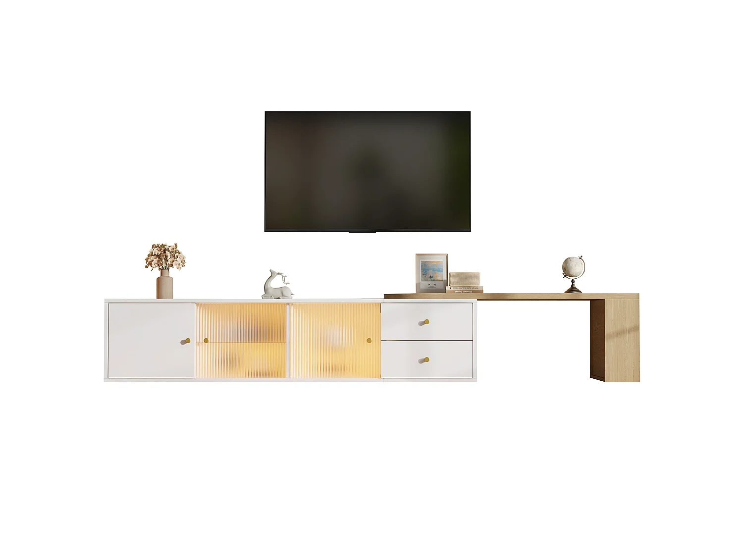 Ausziehbarer TV-Schrank 175x40x38 cm - mit LED-Beleuchtung - 2 Schubladen + 2 Schiebetüren aus Glas - Seitenregal - Weiß + Natur