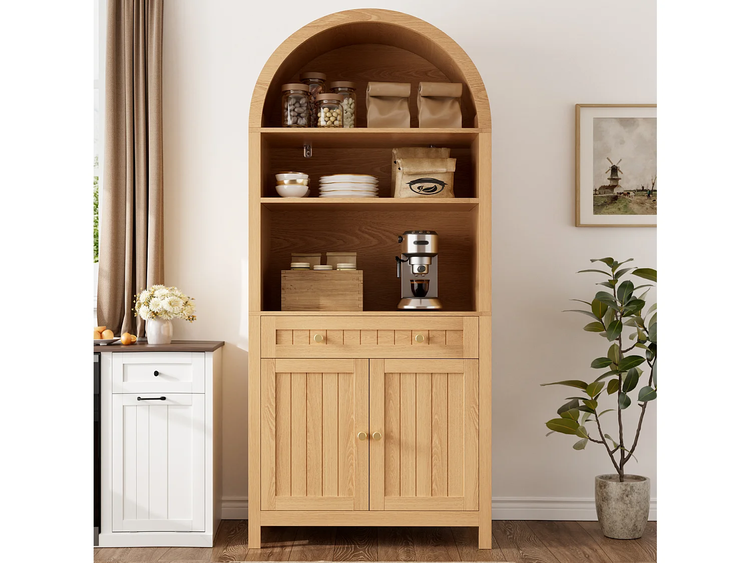 Szafka kuchenna 76 × 40 × 180 cm - 2 drzwi i 1 szuflada - Otwarte półki - MDF - Naturalny kolor