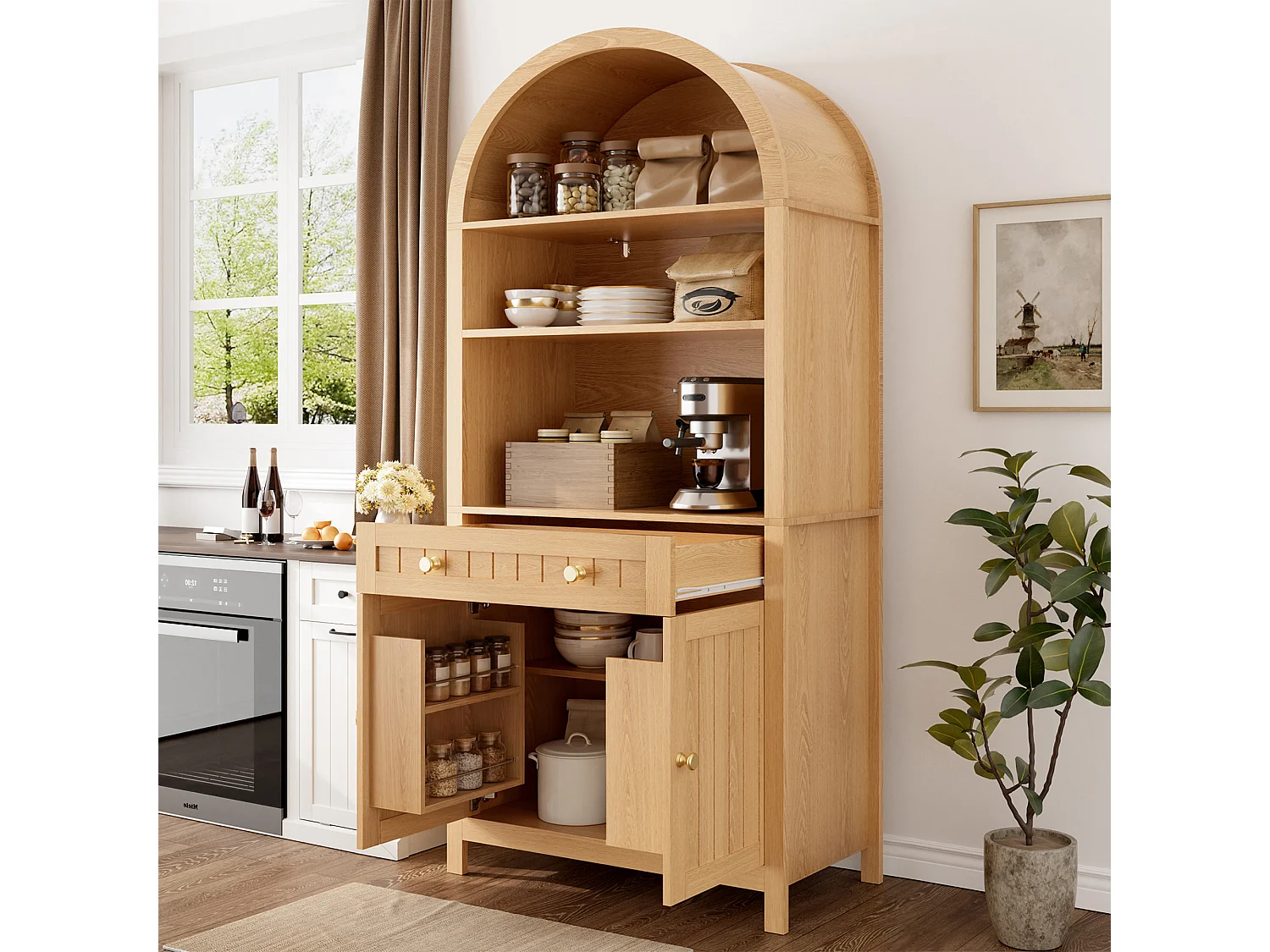 Szafka kuchenna 76 × 40 × 180 cm - 2 drzwi i 1 szuflada - Otwarte półki - MDF - Naturalny kolor