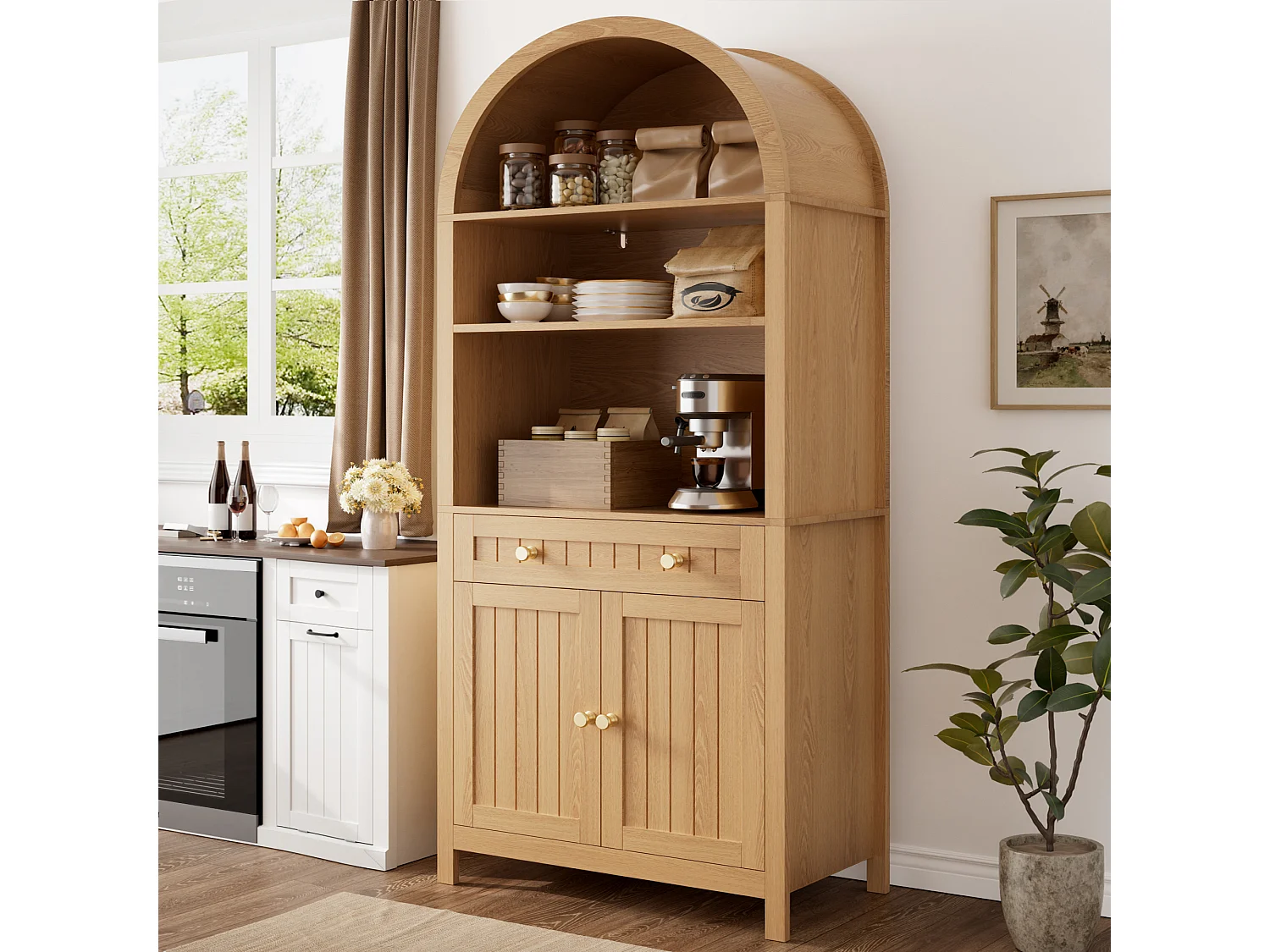 Szafka kuchenna 76 × 40 × 180 cm - 2 drzwi i 1 szuflada - Otwarte półki - MDF - Naturalny kolor