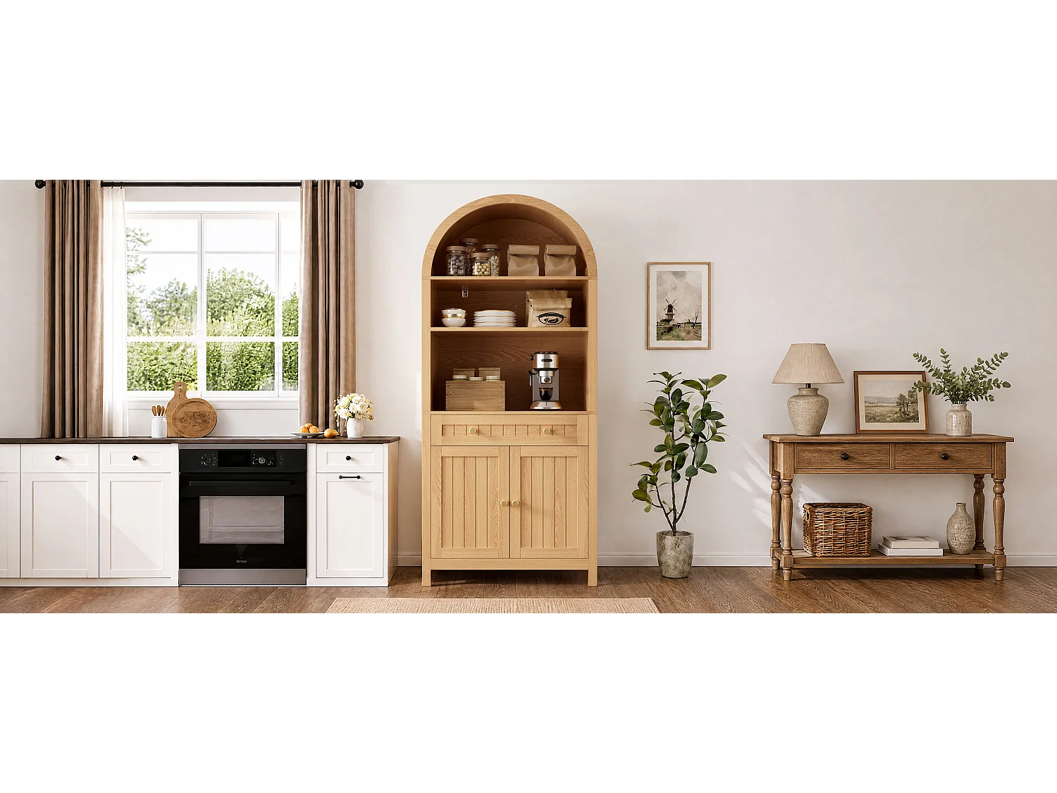 Szafka kuchenna 76 × 40 × 180 cm - 2 drzwi i 1 szuflada - Otwarte półki - MDF - Naturalny kolor