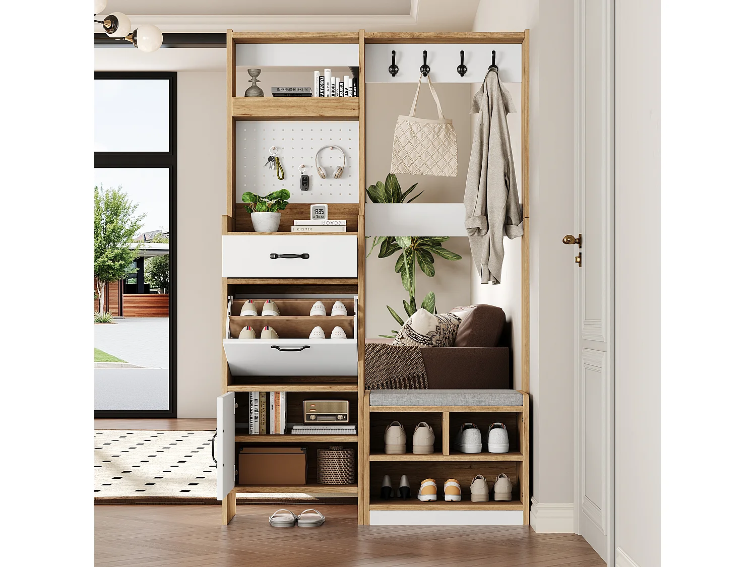 Moderner Flurflügel 108,5x35x180cm - mit 1 Schublade und 2 Türen - mit Schuhbank und Schuhschrank - Natur + Weiß