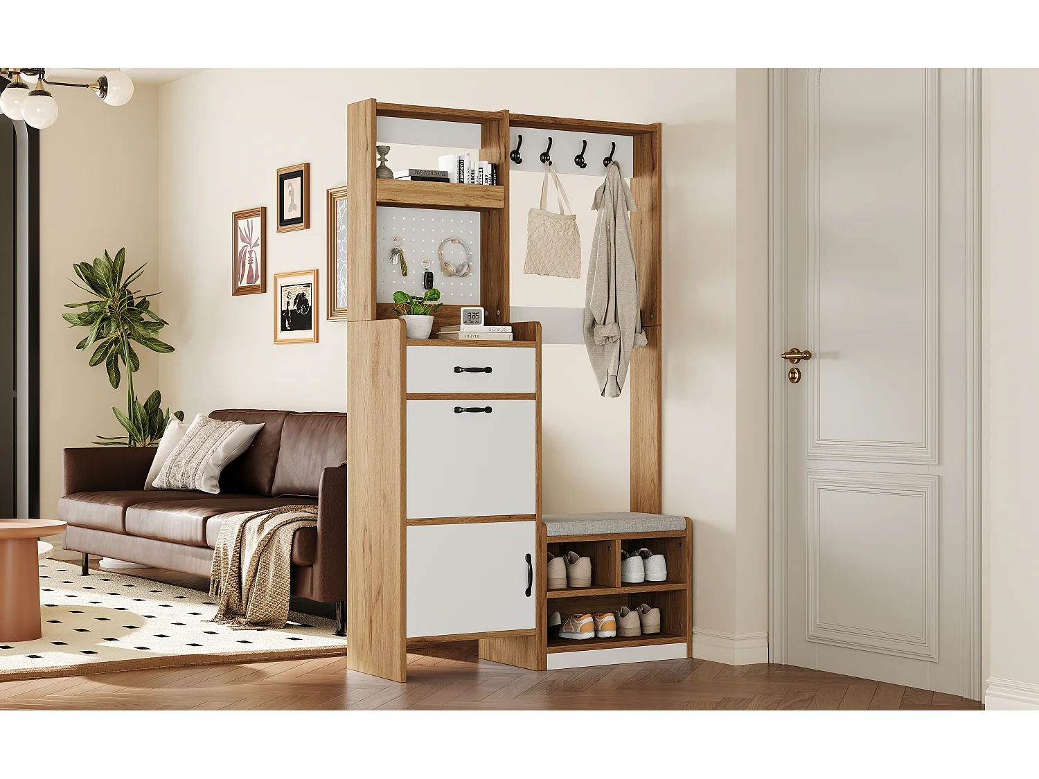 Moderner Flurflügel 108,5x35x180cm - mit 1 Schublade und 2 Türen - mit Schuhbank und Schuhschrank - Natur + Weiß