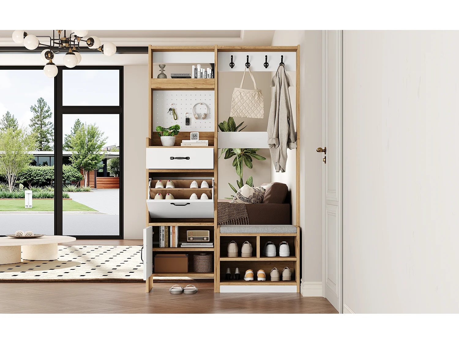 Moderner Flurflügel 108,5x35x180cm - mit 1 Schublade und 2 Türen - mit Schuhbank und Schuhschrank - Natur + Weiß