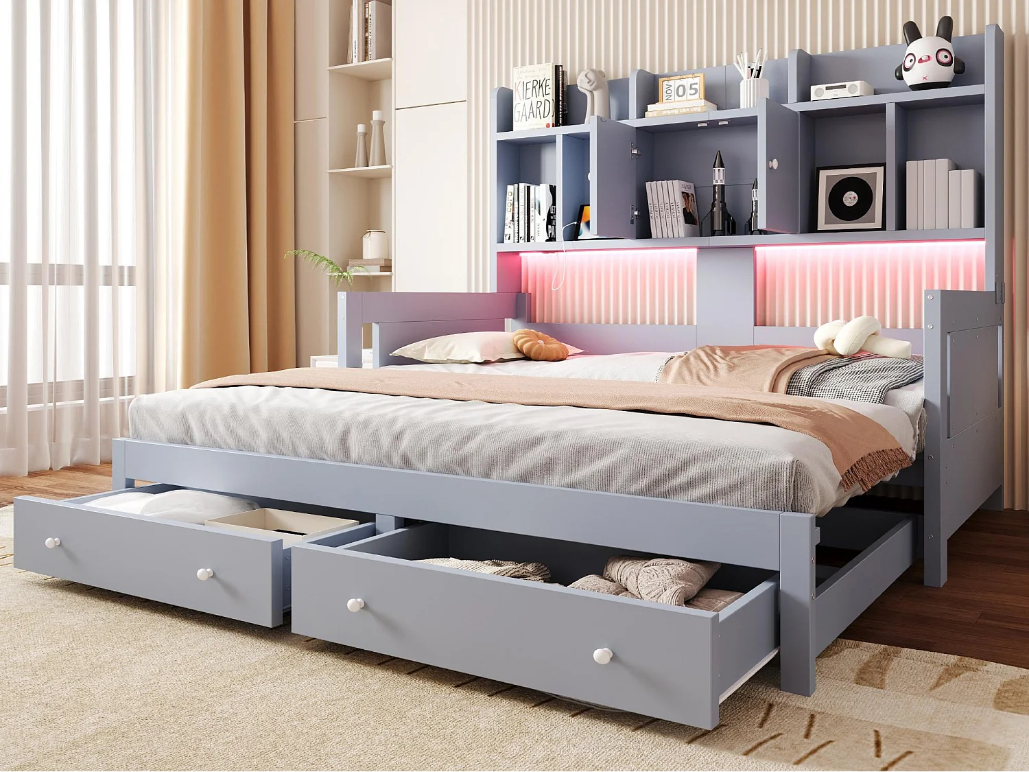 Multifunktionales ausziehbares Schlafsofa aus Holz 90x190cm - mit 2 Schubladen - mit Trennwänden - mit Steckdose - mit LED-Licht - grau (Matratze nicht enthalten)