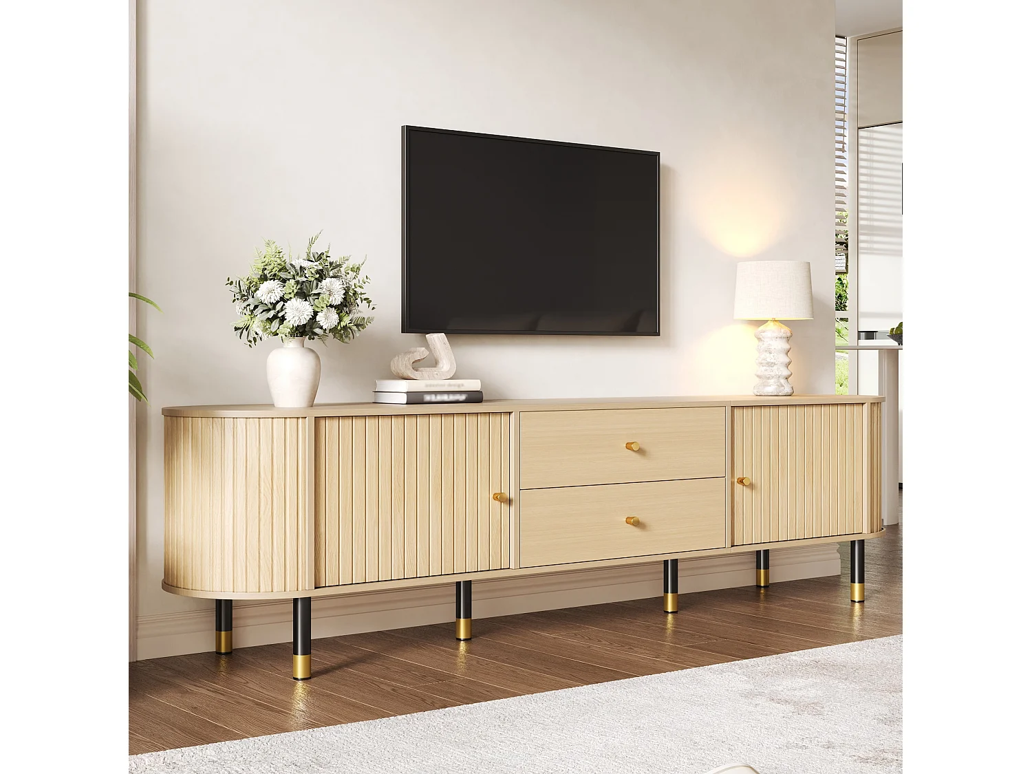 TV-Möbel oval 180x40x58 cm - mit 2 Türen und 2 Schubladen - Holzoptik - geeignet für TV bis 75 Zoll - MDF - Natur
