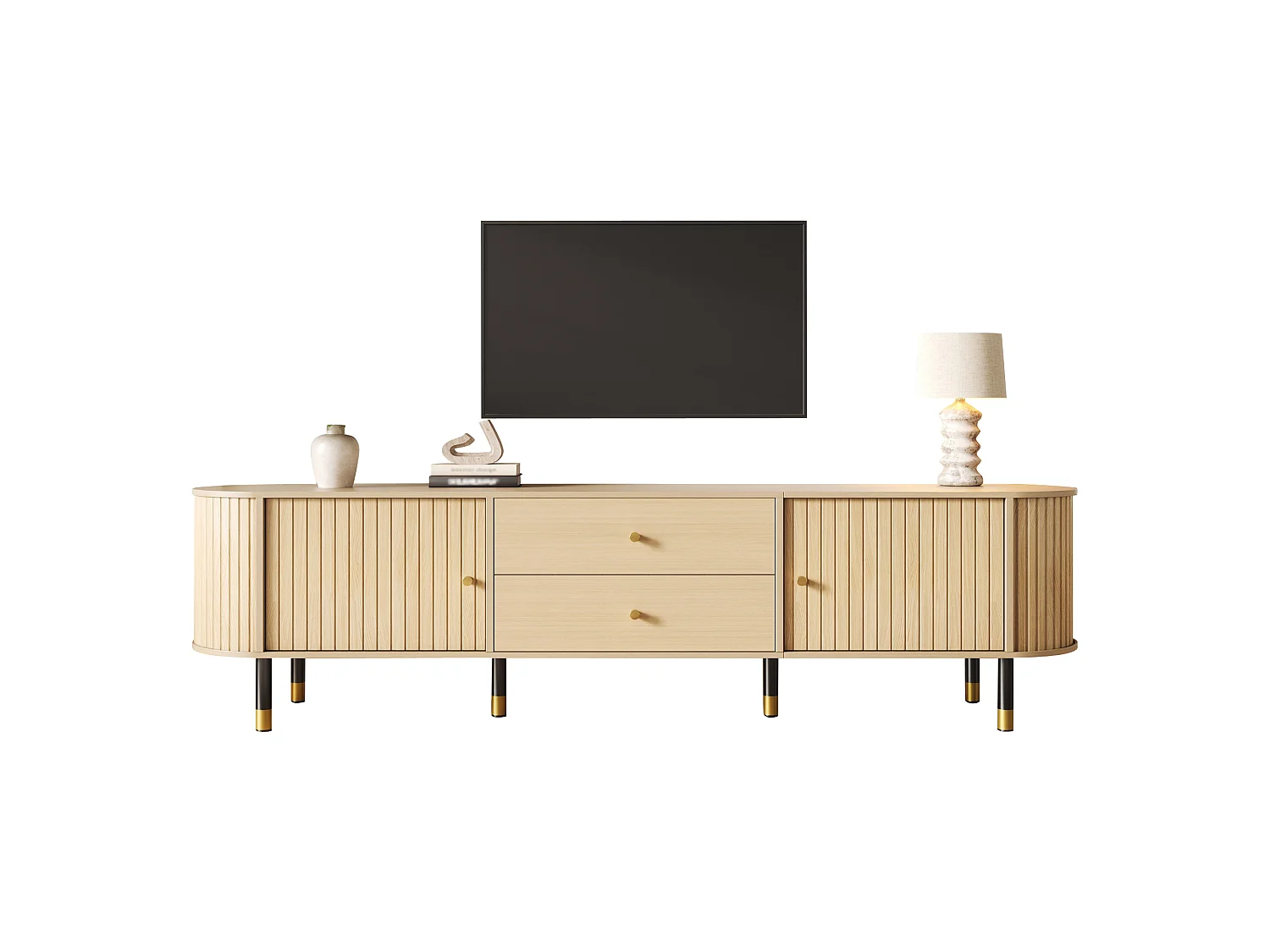 TV-Möbel oval 180x40x58 cm - mit 2 Türen und 2 Schubladen - Holzoptik - geeignet für TV bis 75 Zoll - MDF - Natur