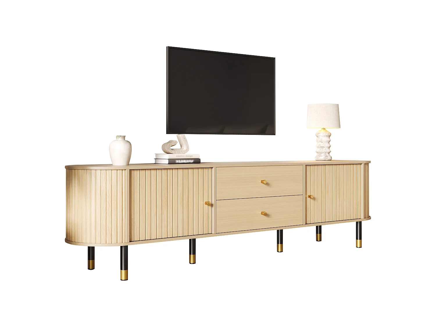 TV-Möbel oval 180x40x58 cm - mit 2 Türen und 2 Schubladen - Holzoptik - geeignet für TV bis 75 Zoll - MDF - Natur
