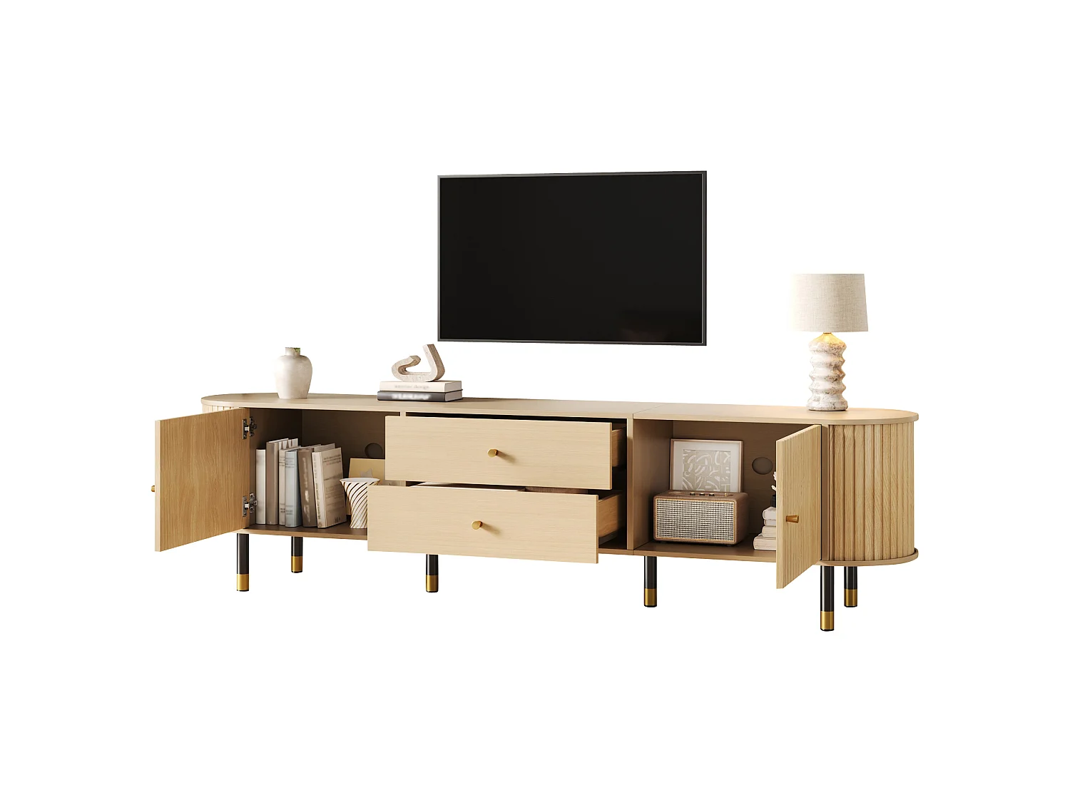 TV-Möbel oval 180x40x58 cm - mit 2 Türen und 2 Schubladen - Holzoptik - geeignet für TV bis 75 Zoll - MDF - Natur