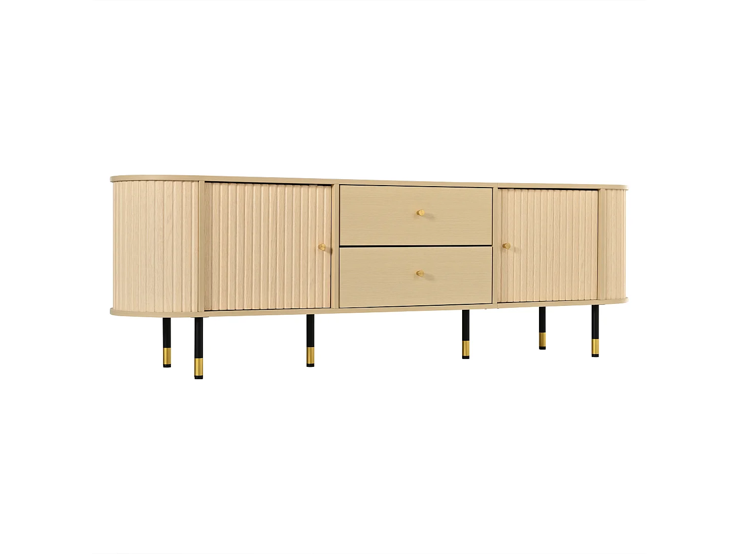 TV-Möbel oval 180x40x58 cm - mit 2 Türen und 2 Schubladen - Holzoptik - geeignet für TV bis 75 Zoll - MDF - Natur