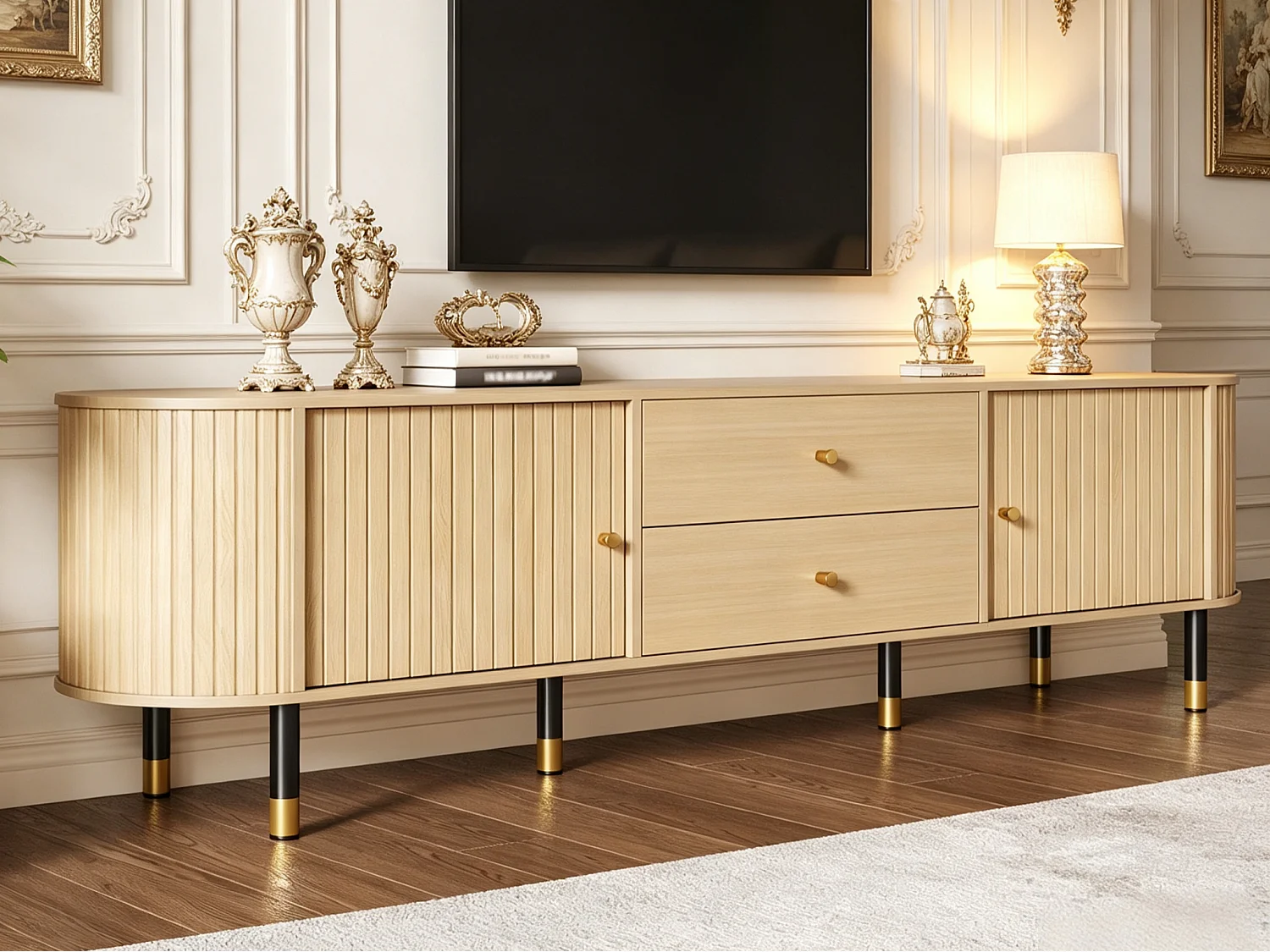 TV-Möbel oval 180x40x58 cm - mit 2 Türen und 2 Schubladen - Holzoptik - geeignet für TV bis 75 Zoll - MDF - Natur