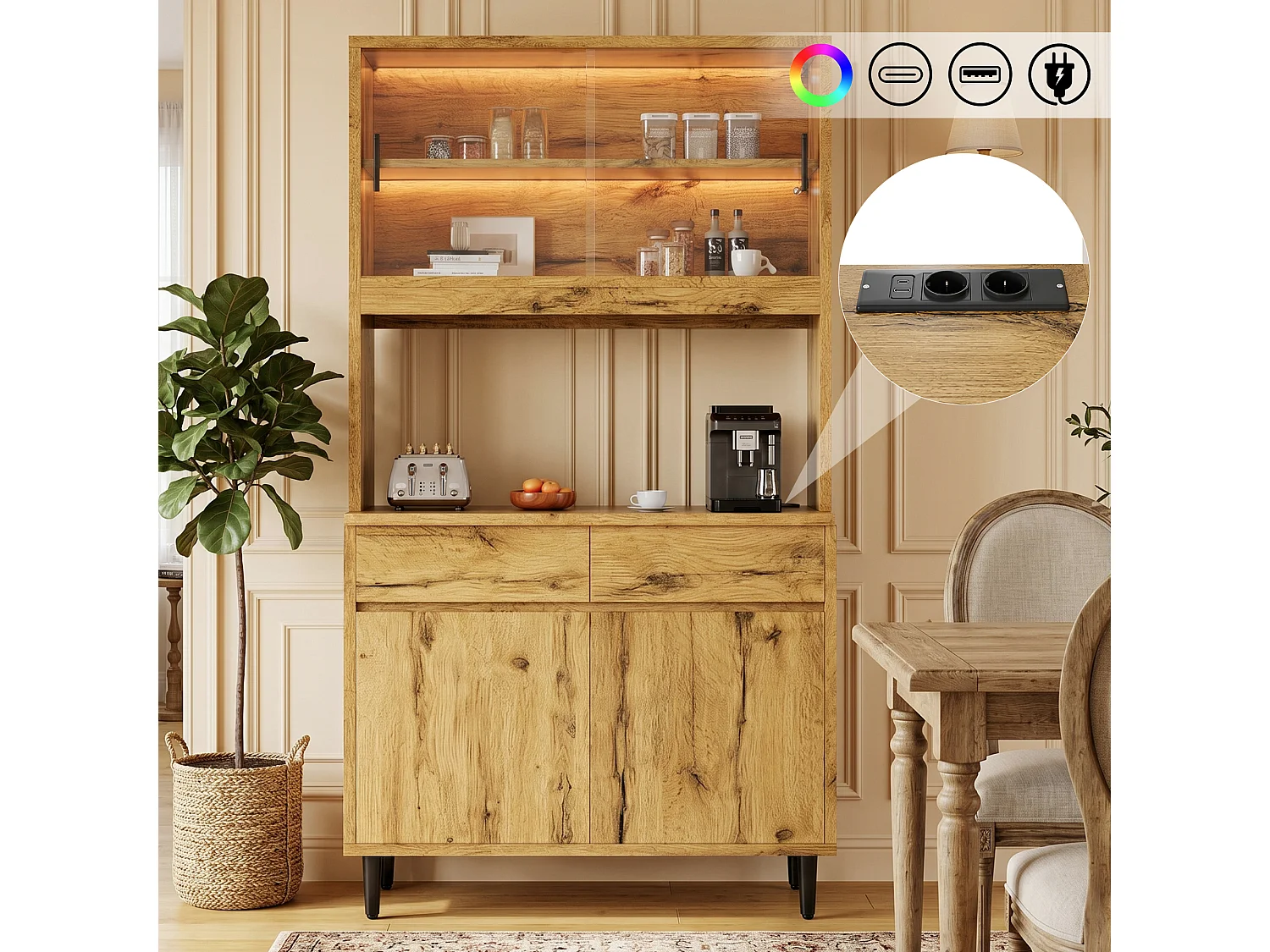 Szafka kuchenna 100 × 40 × 185 cm - Oświetlenie LED - 4 drzwi i 2 szuflady - Gniazdka elektryczne i porty USB - Naturalny