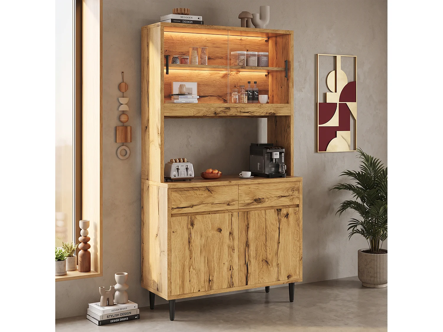 Szafka kuchenna 100 × 40 × 185 cm - Oświetlenie LED - 4 drzwi i 2 szuflady - Gniazdka elektryczne i porty USB - Naturalny