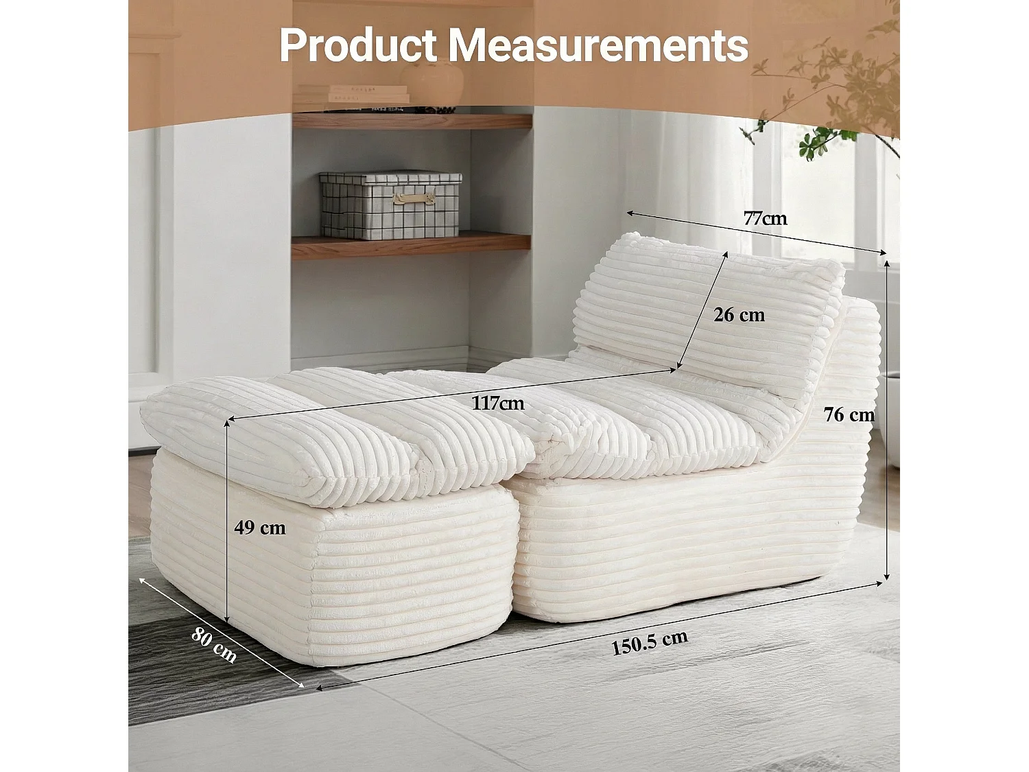 Beige relaxfauteuil, frameloos en zonder montage, ergonomisch met voetensteun, traagschuim met hoge dichtheid