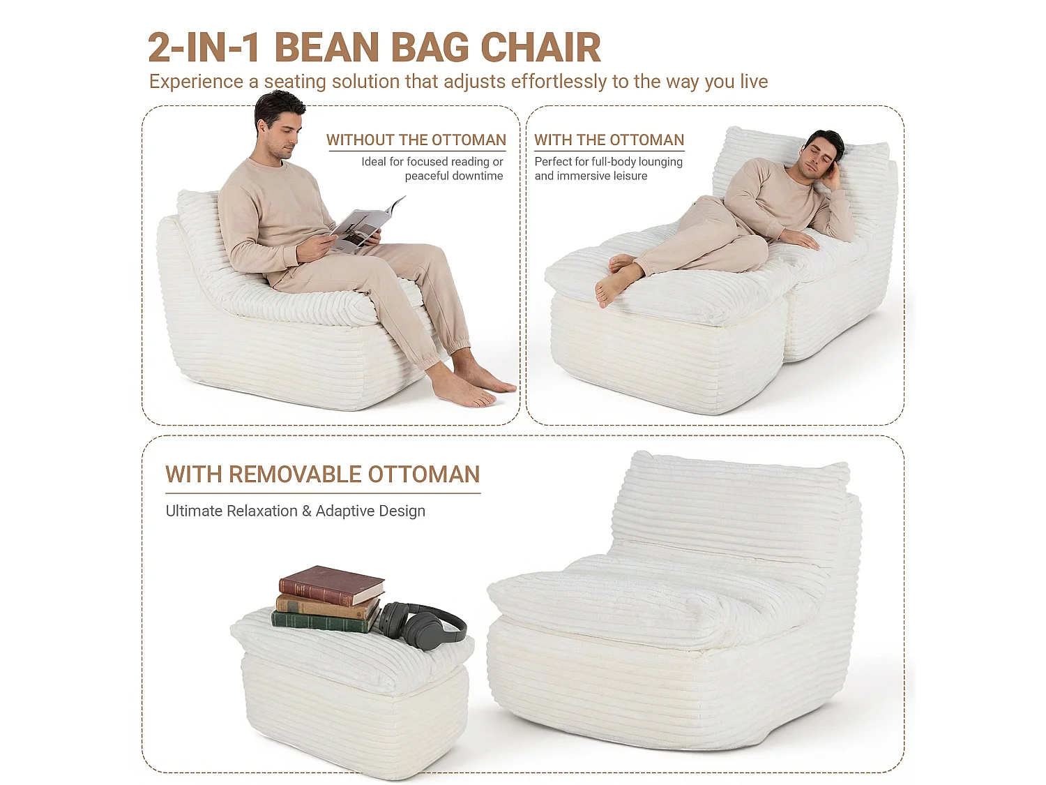 Beige relaxfauteuil, frameloos en zonder montage, ergonomisch met voetensteun, traagschuim met hoge dichtheid