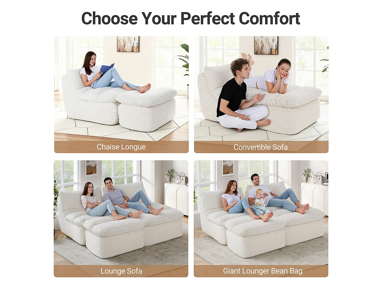 Beige relaxfauteuil, frameloos en zonder montage, ergonomisch met voetensteun, traagschuim met hoge dichtheid