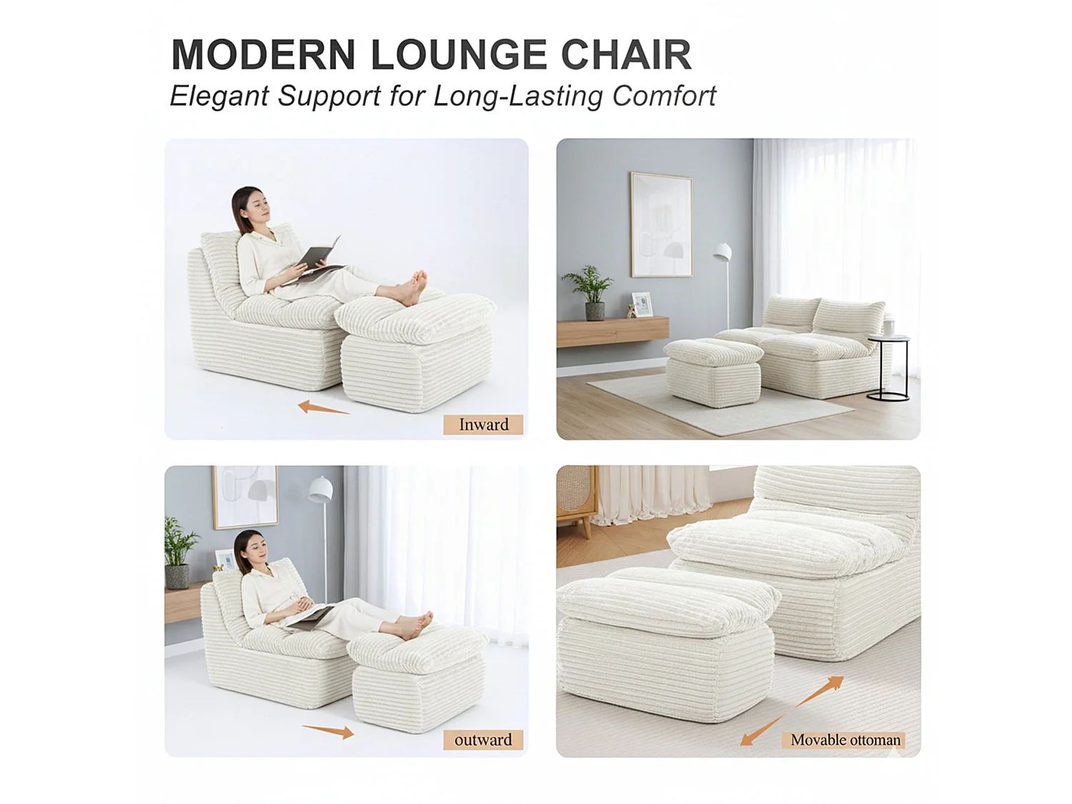 Beige relaxfauteuil, frameloos en zonder montage, ergonomisch met voetensteun, traagschuim met hoge dichtheid
