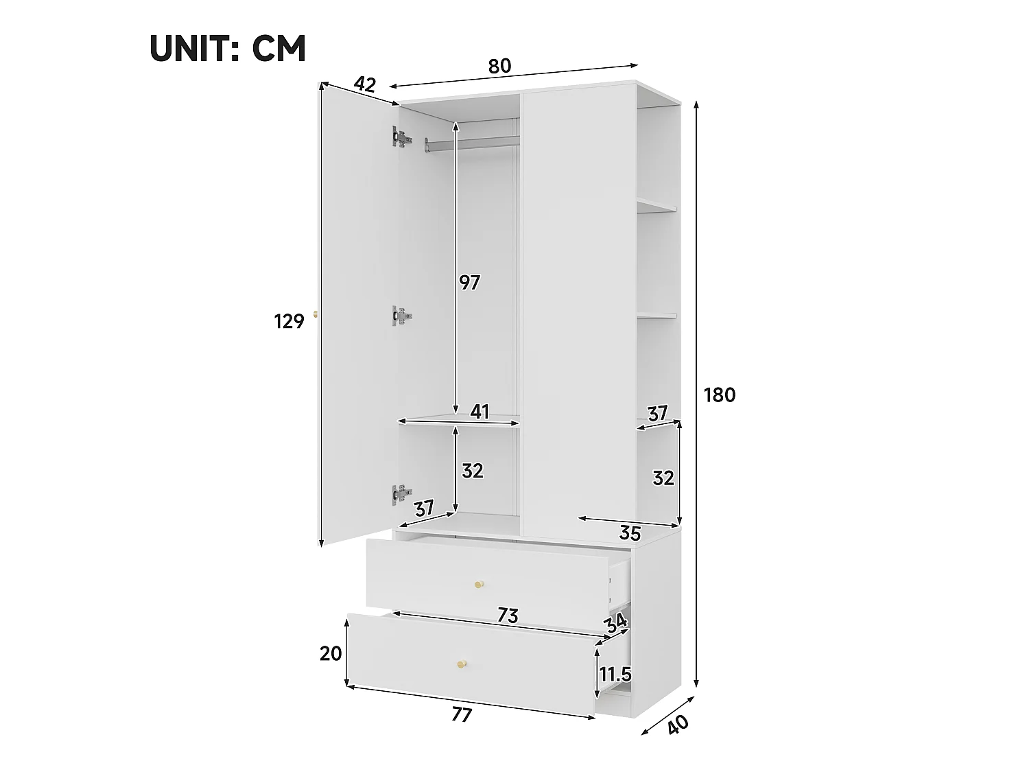 Armário 80x40x180 cm - com 2 gavetas e 1 porta - com espelho e compartimentos de arrumação abertos - Branco