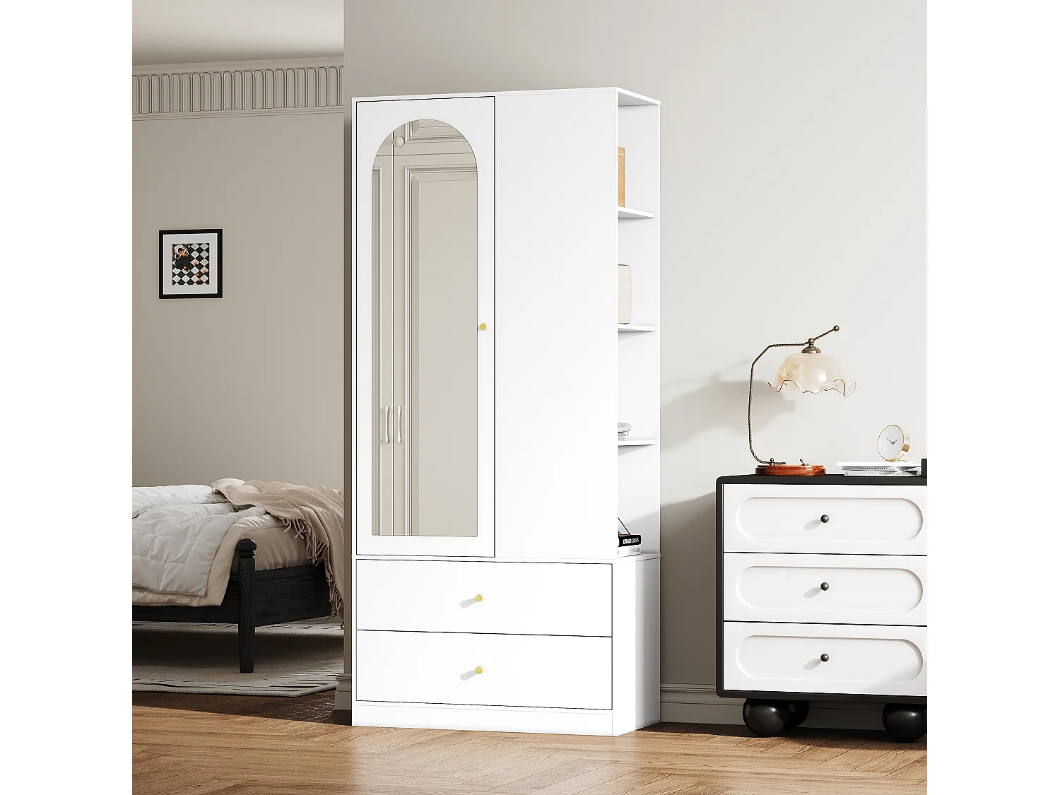 Armário 80x40x180 cm - com 2 gavetas e 1 porta - com espelho e compartimentos de arrumação abertos - Branco