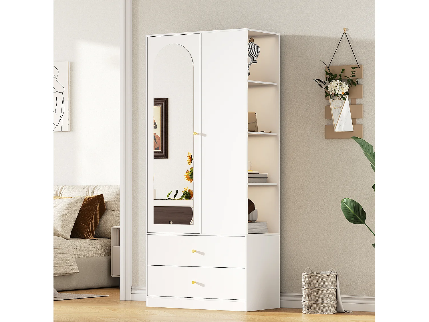 Armário 80x40x180 cm - com 2 gavetas e 1 porta - com espelho e compartimentos de arrumação abertos - Branco