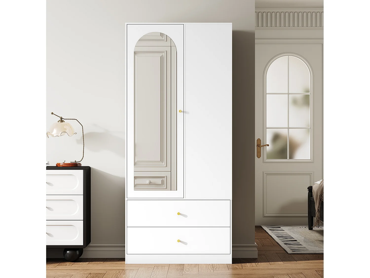 Armário 80x40x180 cm - com 2 gavetas e 1 porta - com espelho e compartimentos de arrumação abertos - Branco