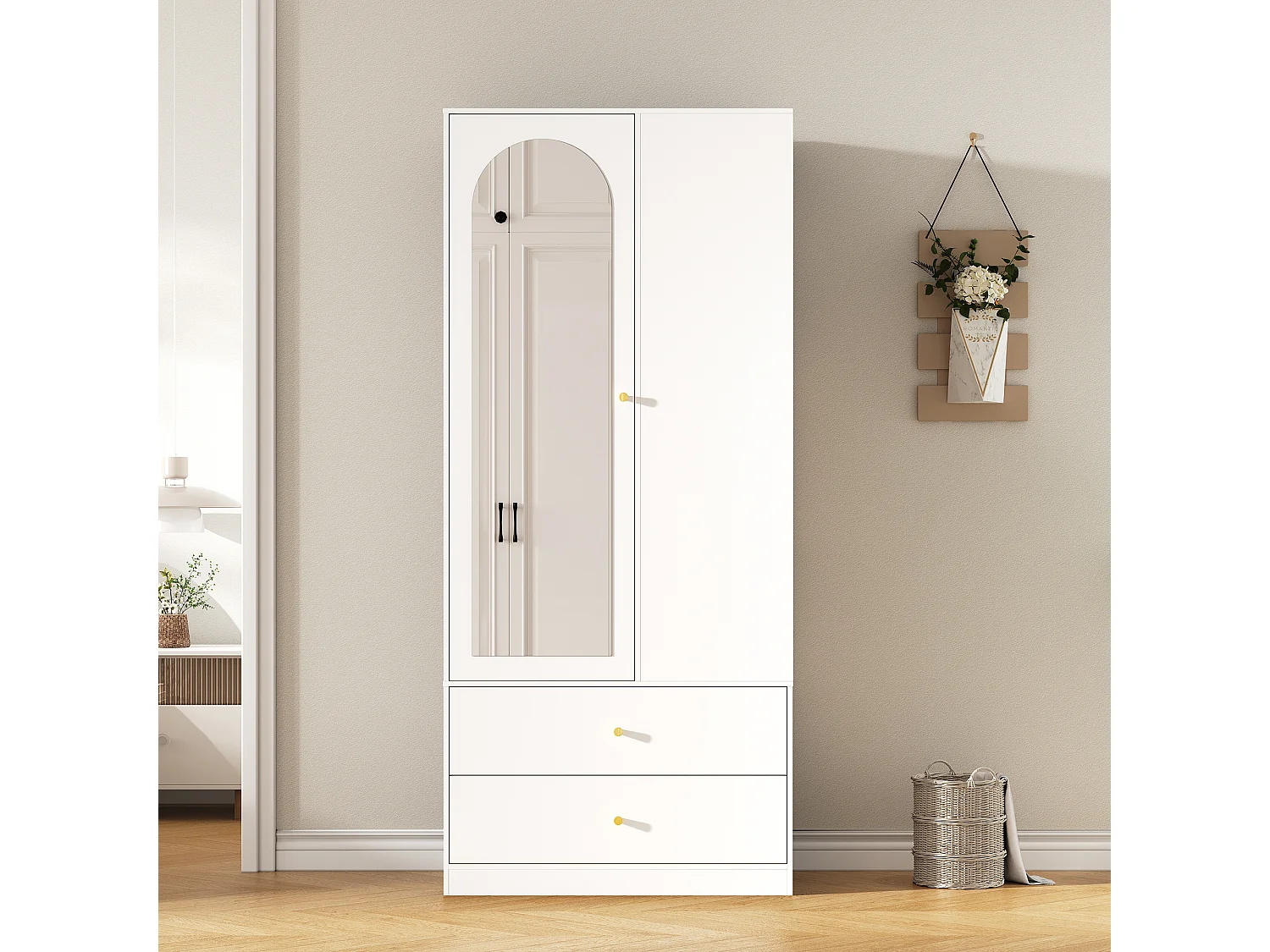 Armário 80x40x180 cm - com 2 gavetas e 1 porta - com espelho e compartimentos de arrumação abertos - Branco