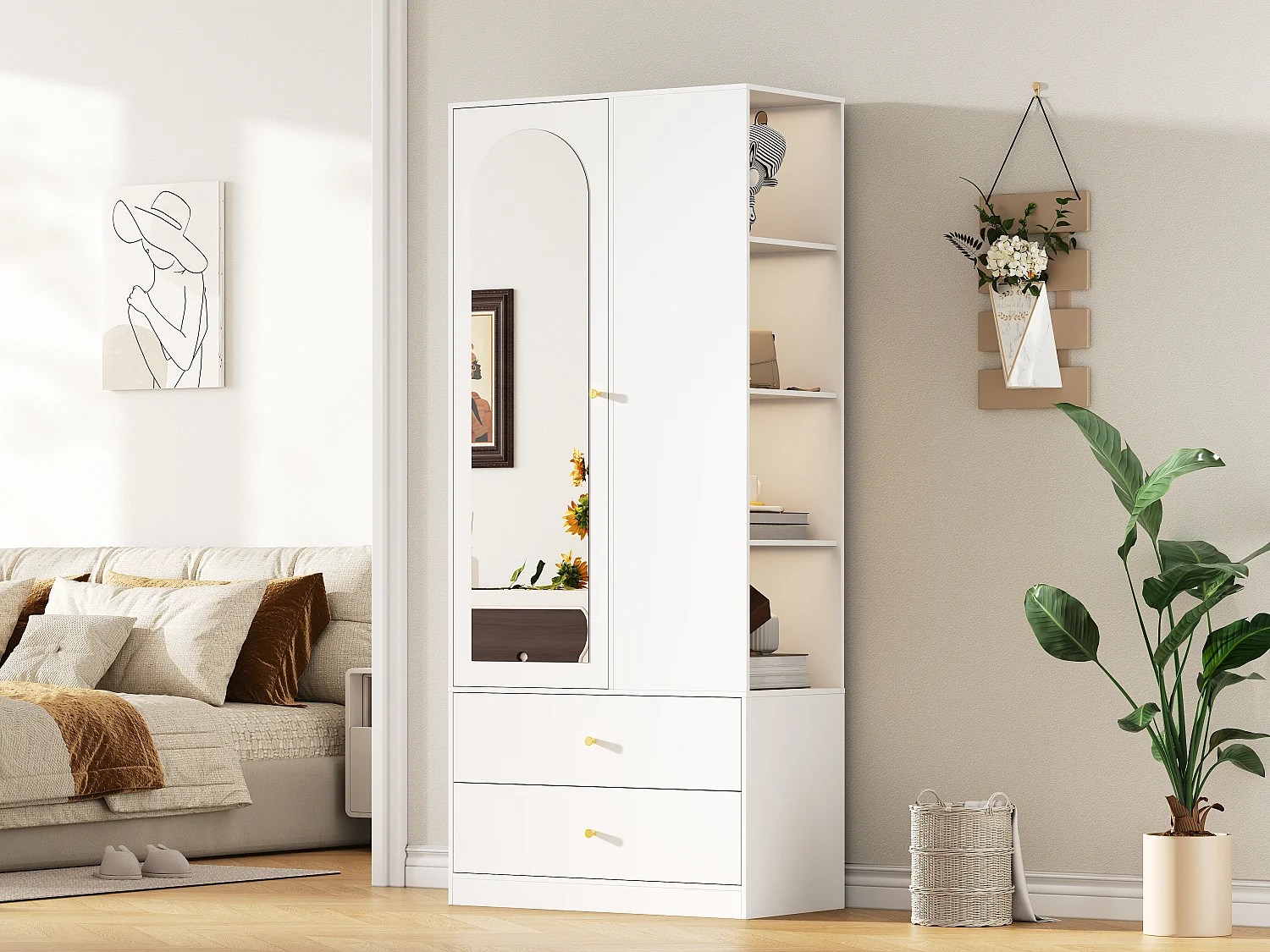 Armário 80x40x180 cm - com 2 gavetas e 1 porta - com espelho e compartimentos de arrumação abertos - Branco