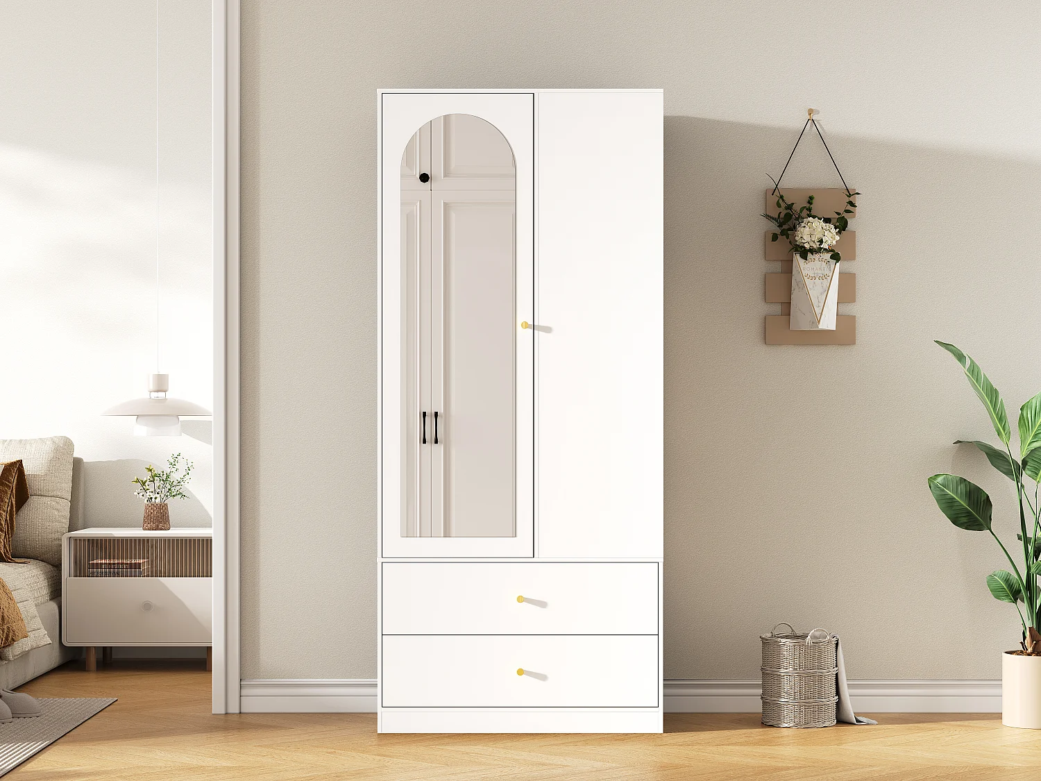 Armário 80x40x180 cm - com 2 gavetas e 1 porta - com espelho e compartimentos de arrumação abertos - Branco