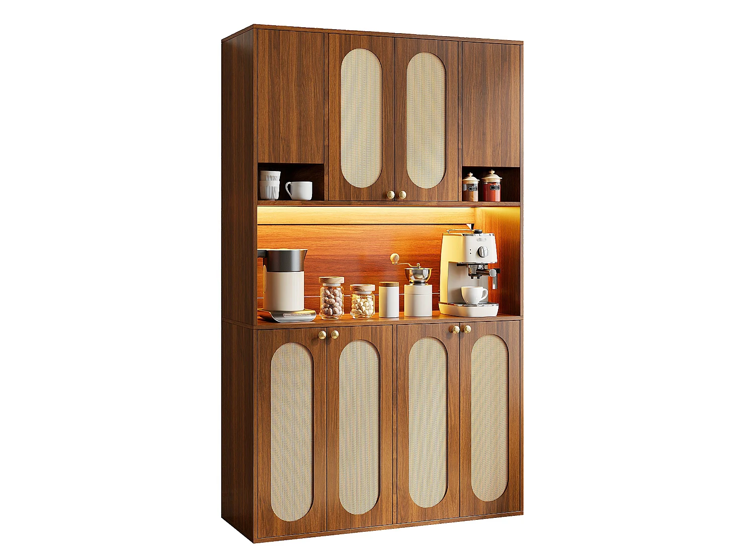 Buffet haut 106x40x178 cm - Portes en rotin PE - Éclairage LED - 8 portes - Rangement salle à manger - Marron