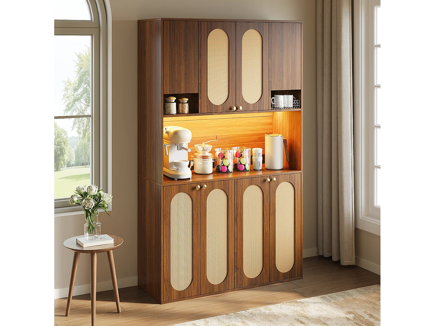 Buffet haut 106x40x178 cm - Portes en rotin PE - Éclairage LED - 8 portes - Rangement salle à manger - Marron