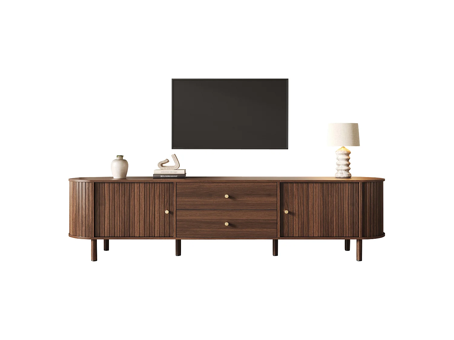 TV-Möbel oval 180x40x58 cm - mit 2 Türen und 2 Schubladen - Holzoptik - geeignet für TV bis 75 Zoll - MDF - Braun