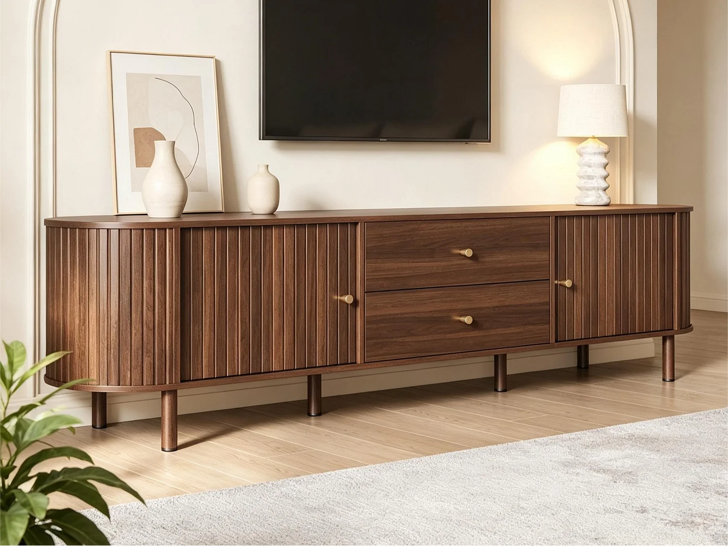 TV-Möbel oval 180x40x58 cm - mit 2 Türen und 2 Schubladen - Holzoptik - geeignet für TV bis 75 Zoll - MDF - Braun