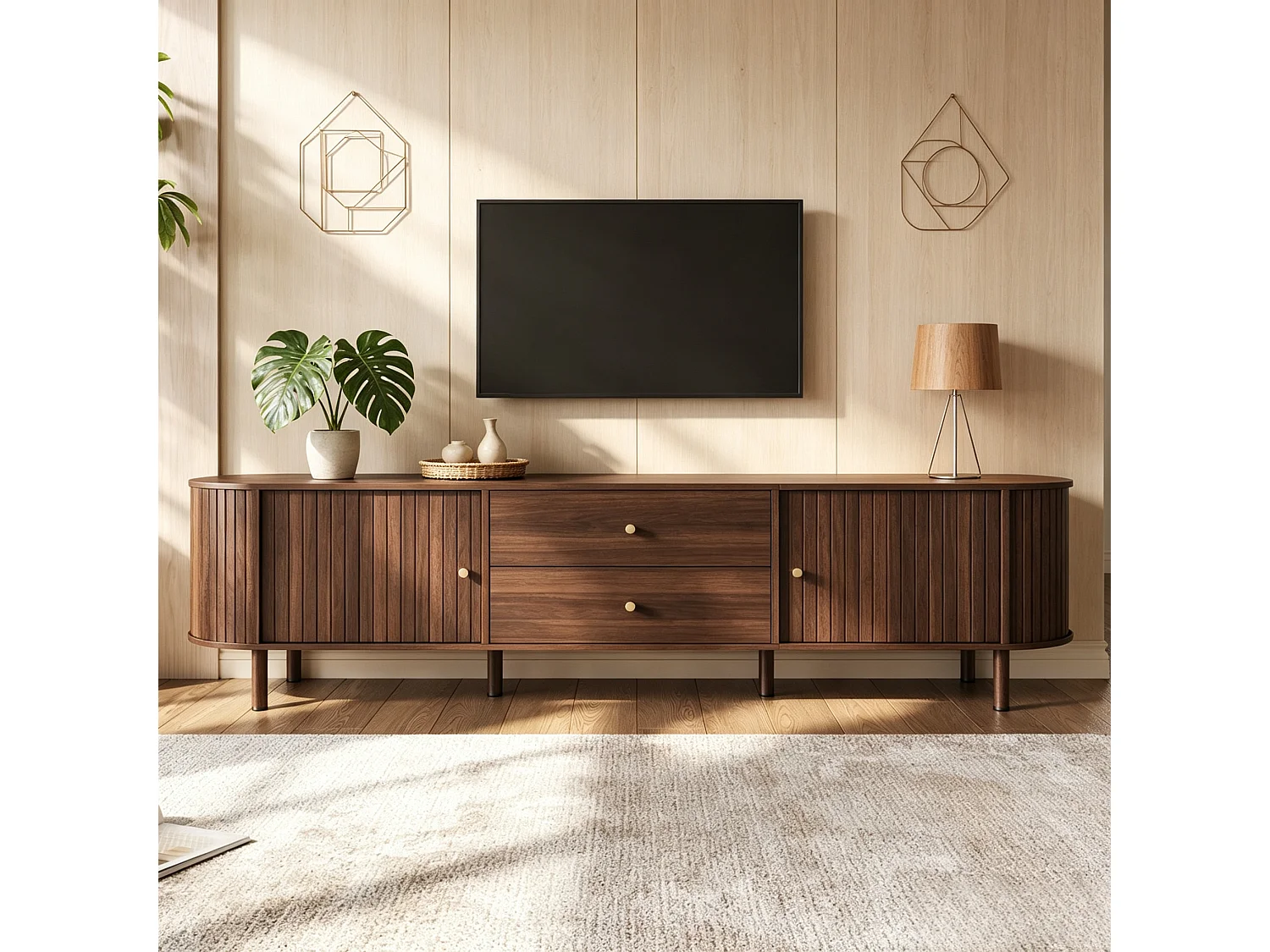 TV-Möbel oval 180x40x58 cm - mit 2 Türen und 2 Schubladen - Holzoptik - geeignet für TV bis 75 Zoll - MDF - Braun