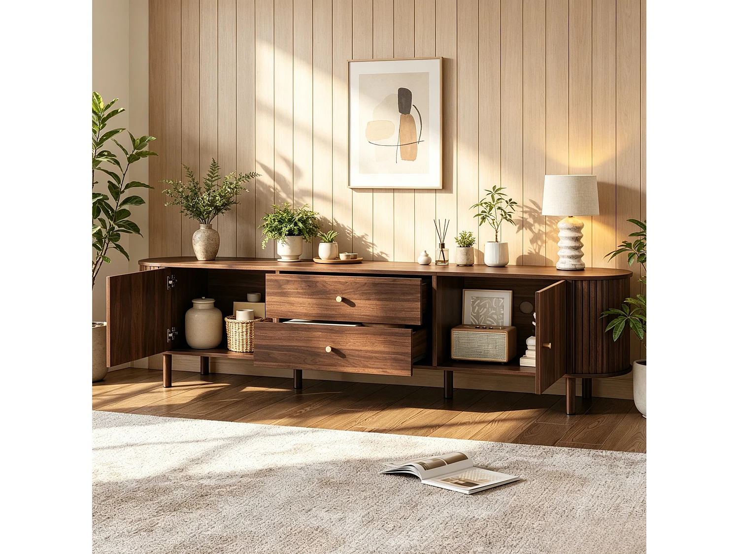 TV-Möbel oval 180x40x58 cm - mit 2 Türen und 2 Schubladen - Holzoptik - geeignet für TV bis 75 Zoll - MDF - Braun