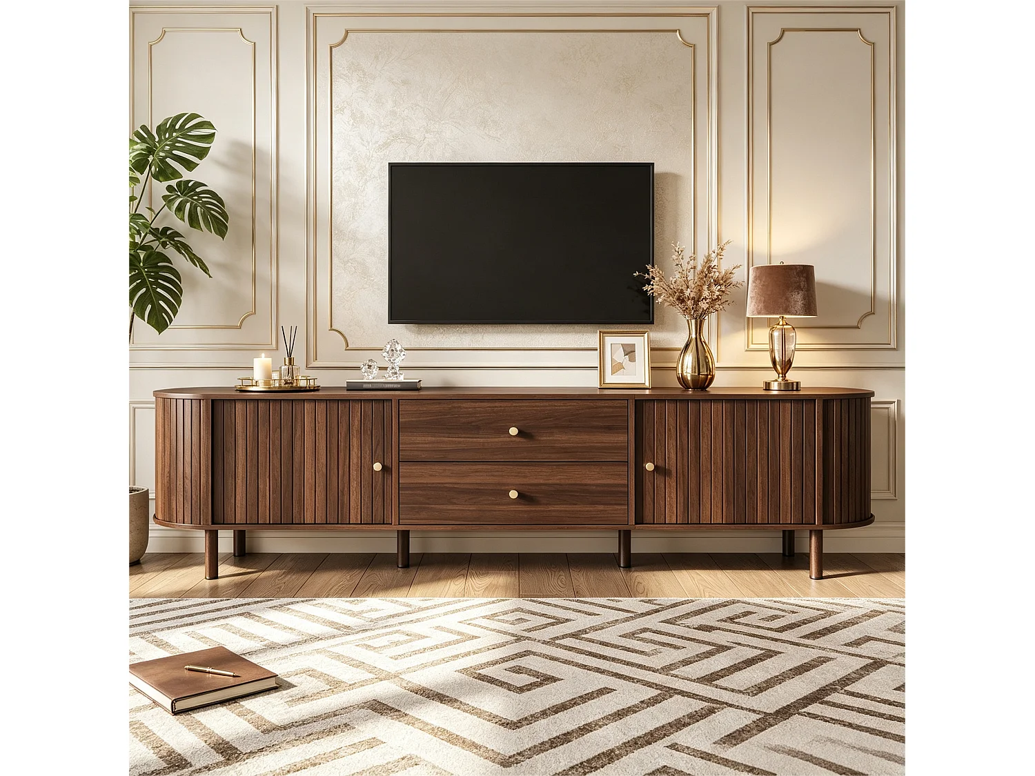 TV-Möbel oval 180x40x58 cm - mit 2 Türen und 2 Schubladen - Holzoptik - geeignet für TV bis 75 Zoll - MDF - Braun