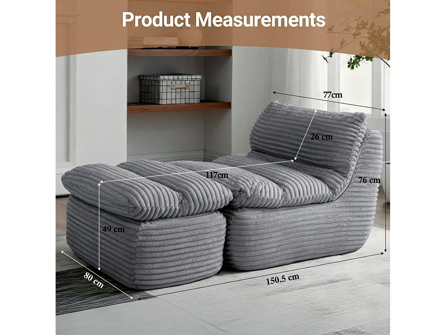 Grijze relaxfauteuil, frameloos en zonder montage, ergonomisch met voetensteun, traagschuim met hoge dichtheid