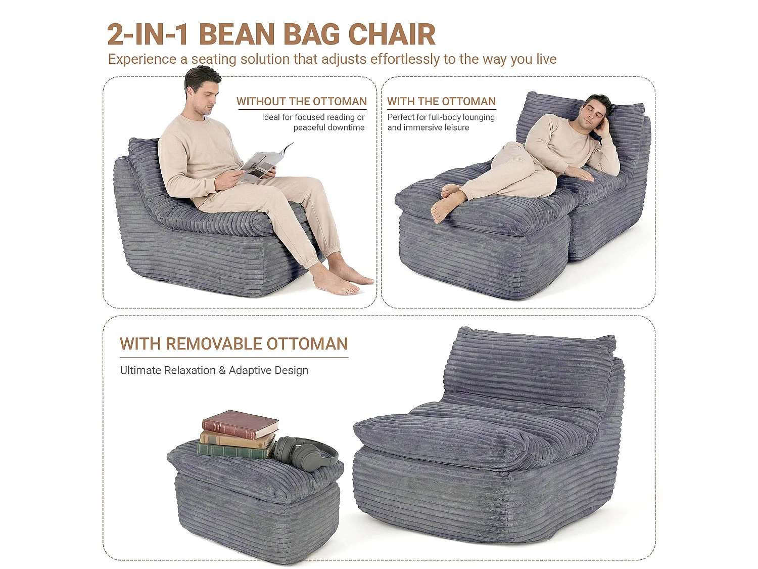 Grijze relaxfauteuil, frameloos en zonder montage, ergonomisch met voetensteun, traagschuim met hoge dichtheid