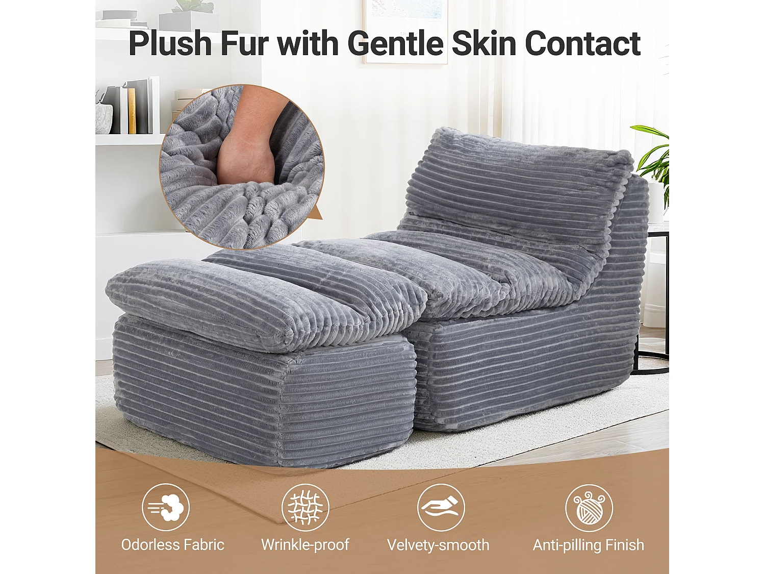Grijze relaxfauteuil, frameloos en zonder montage, ergonomisch met voetensteun, traagschuim met hoge dichtheid