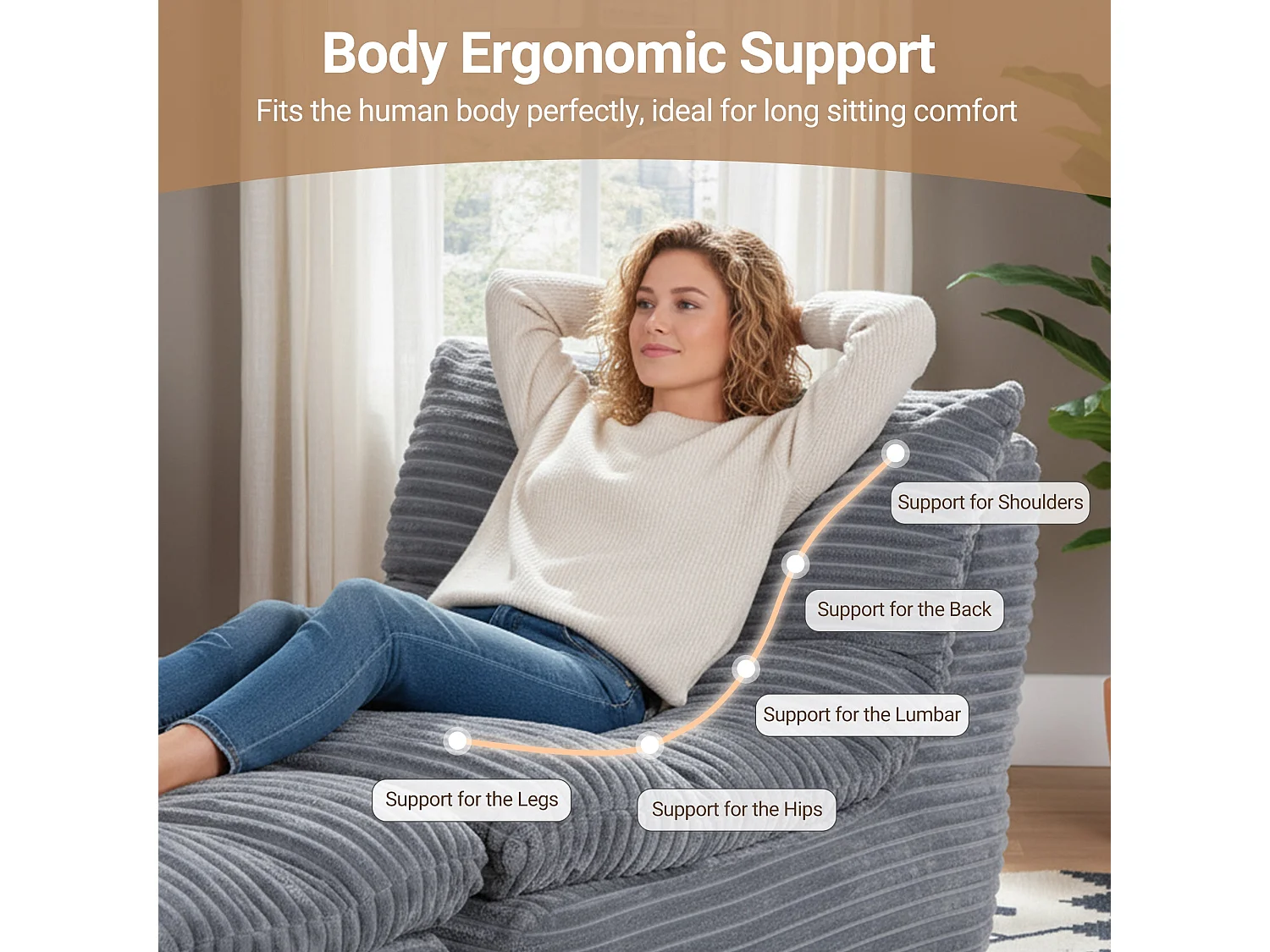 Grijze relaxfauteuil, frameloos en zonder montage, ergonomisch met voetensteun, traagschuim met hoge dichtheid