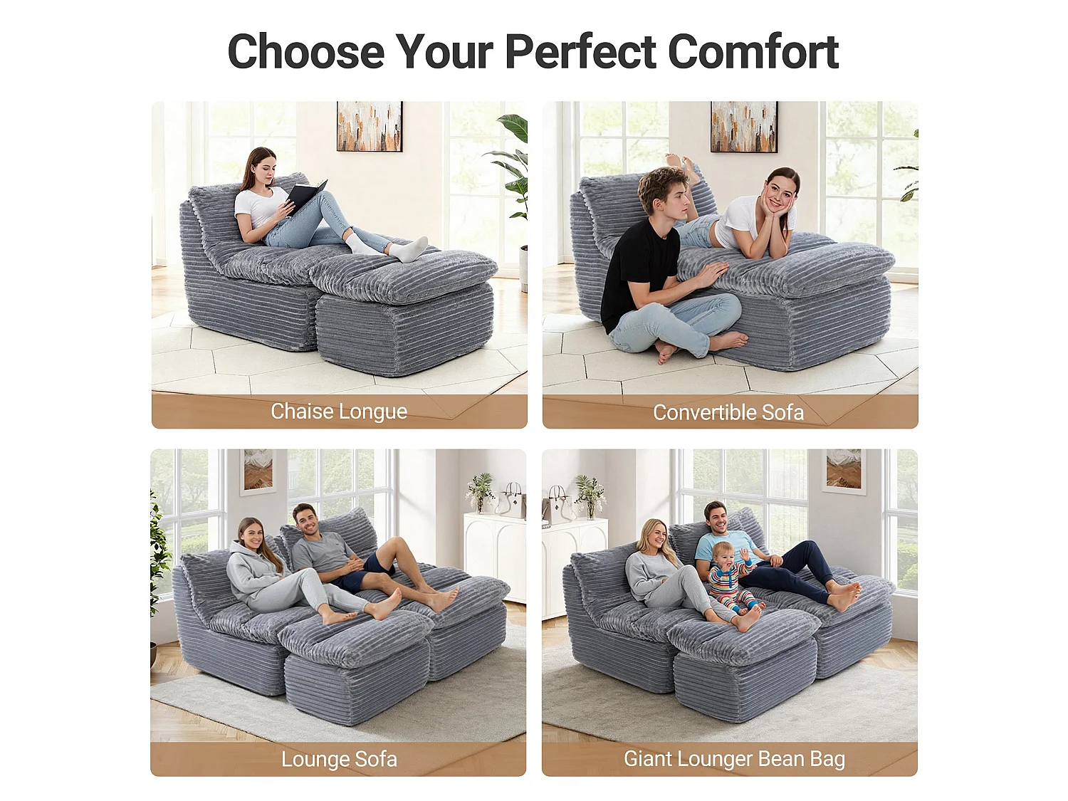 Grijze relaxfauteuil, frameloos en zonder montage, ergonomisch met voetensteun, traagschuim met hoge dichtheid