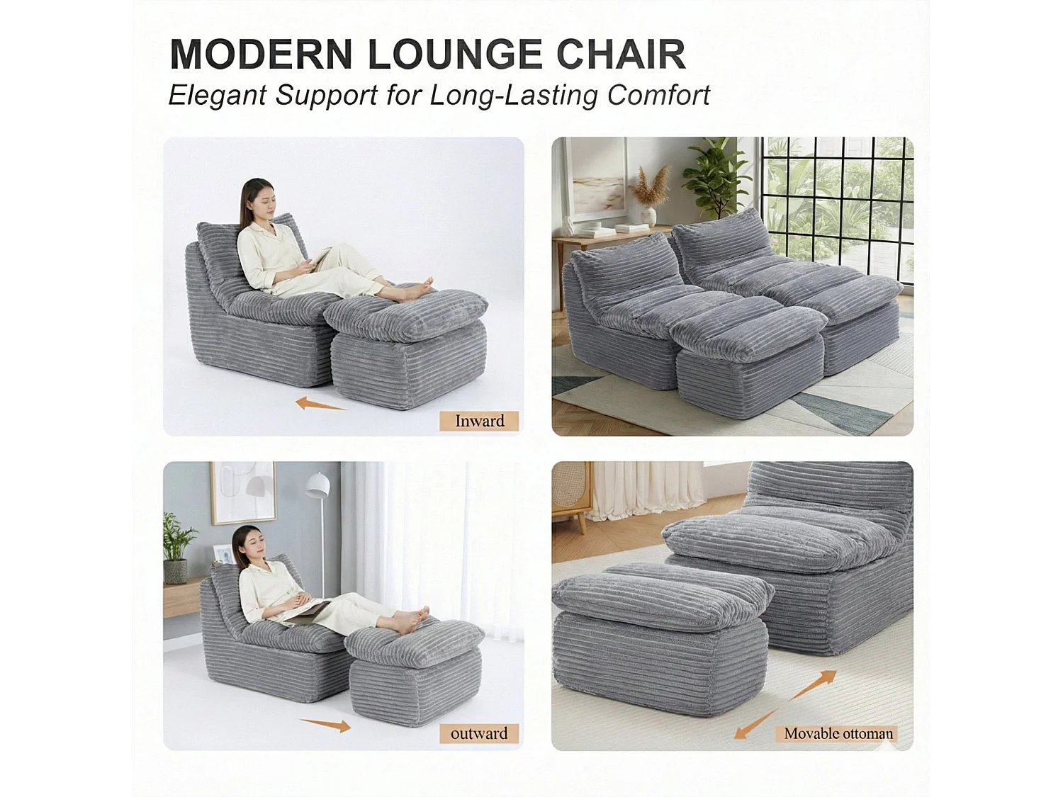 Grijze relaxfauteuil, frameloos en zonder montage, ergonomisch met voetensteun, traagschuim met hoge dichtheid
