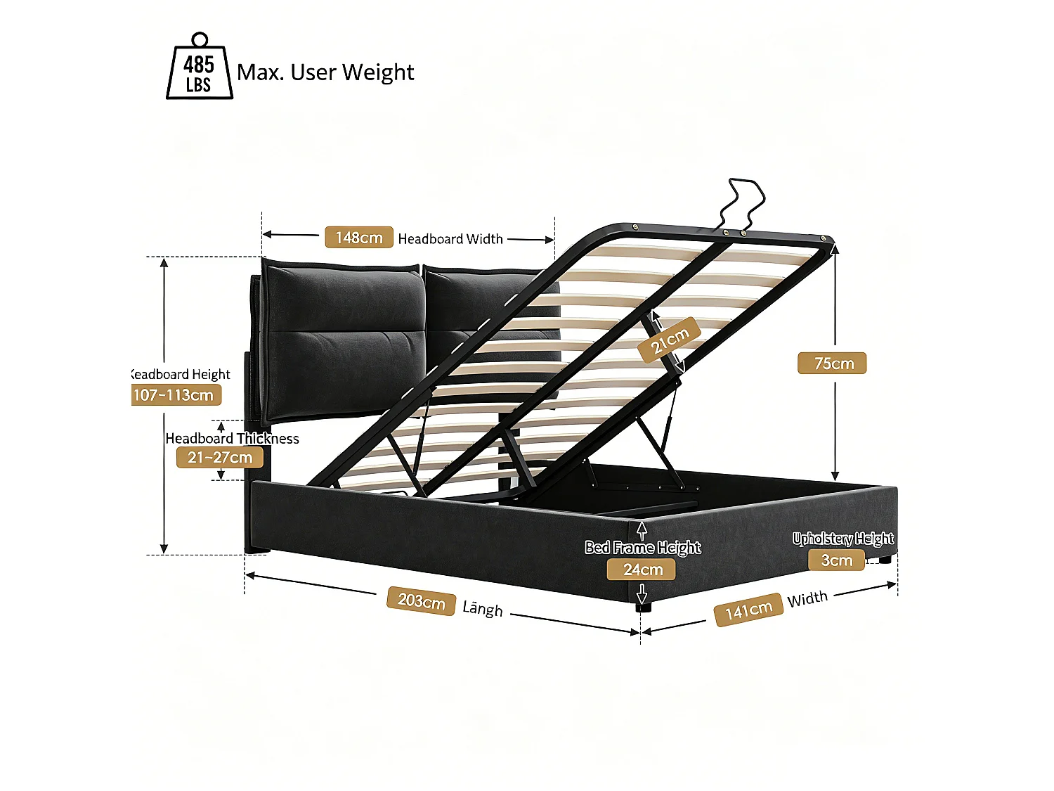 Lit double hydraulique capitonné 140x200, tête réglable, sommier métal, velours, rangement, noir (sans matelas).