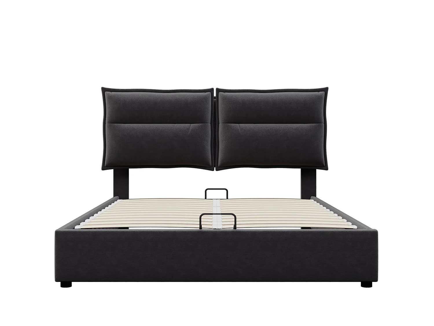 Lit double hydraulique capitonné 140x200, tête réglable, sommier métal, velours, rangement, noir (sans matelas).