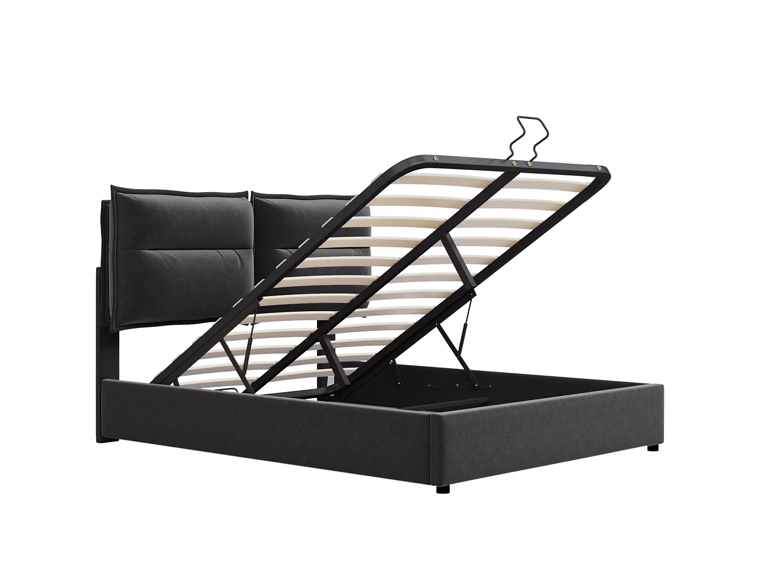 Lit double hydraulique capitonné 140x200, tête réglable, sommier métal, velours, rangement, noir (sans matelas).