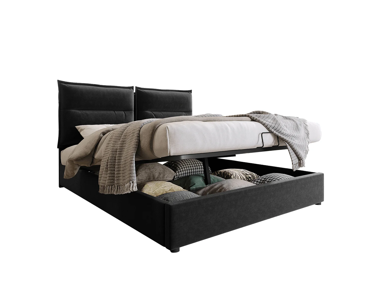 Lit double hydraulique capitonné 140x200, tête réglable, sommier métal, velours, rangement, noir (sans matelas).