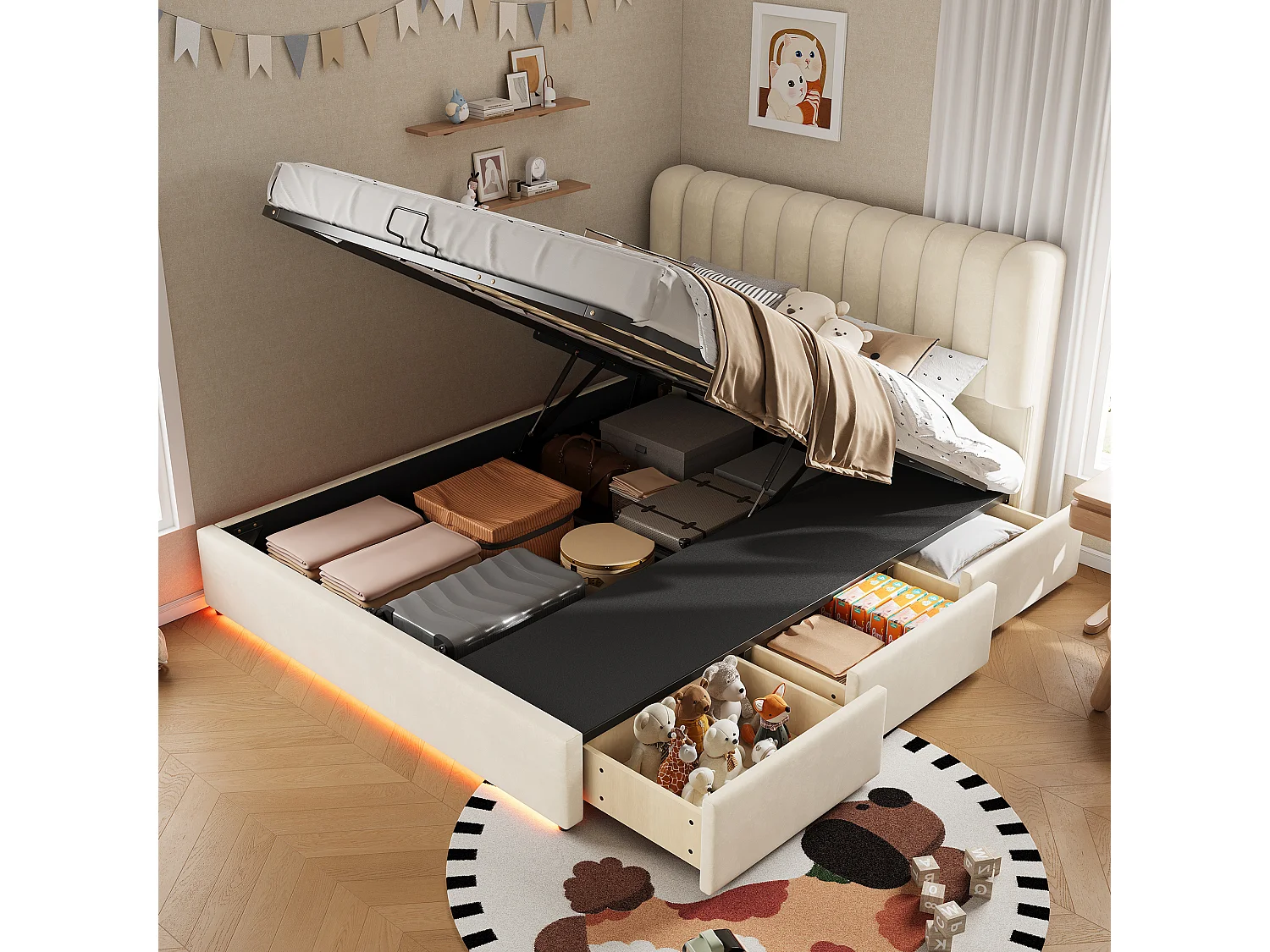 Lådbädd med vaddering 140x200cm - med 3 lådor och en LED-ljuslist - stor innerplats i sängen - sammetstyg - Beige (utan madrass)