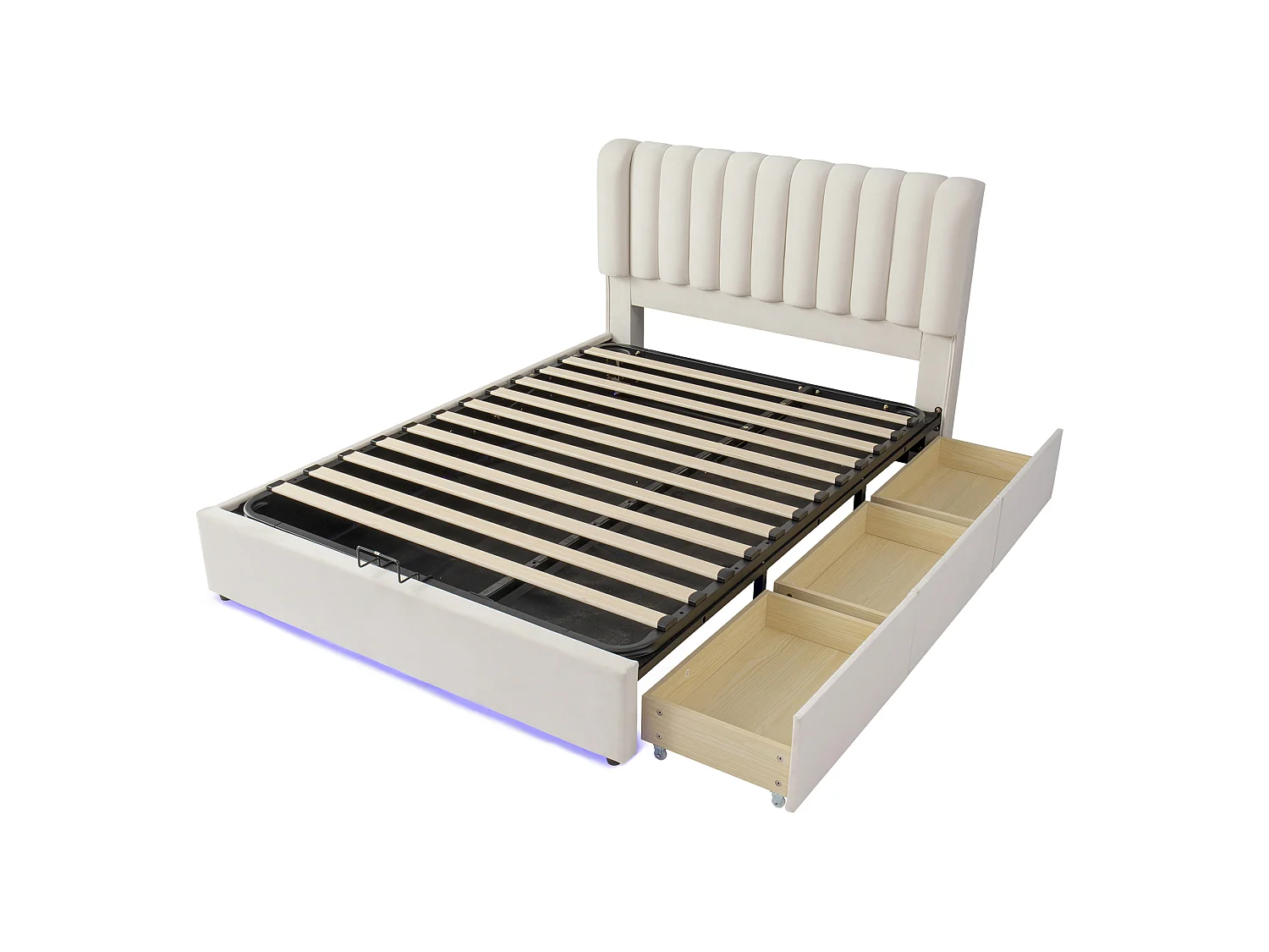 Lådbädd med vaddering 140x200cm - med 3 lådor och en LED-ljuslist - stor innerplats i sängen - sammetstyg - Beige (utan madrass)