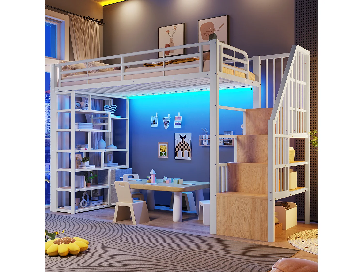 Loft bed 90 x 200 cm - with storage compartments - with safety barriers and ladder - with LED lighting - black (mattress not included)